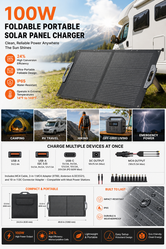 100W Foldable Solar Panel Charger – Fast Portable Power for Camping & Travel